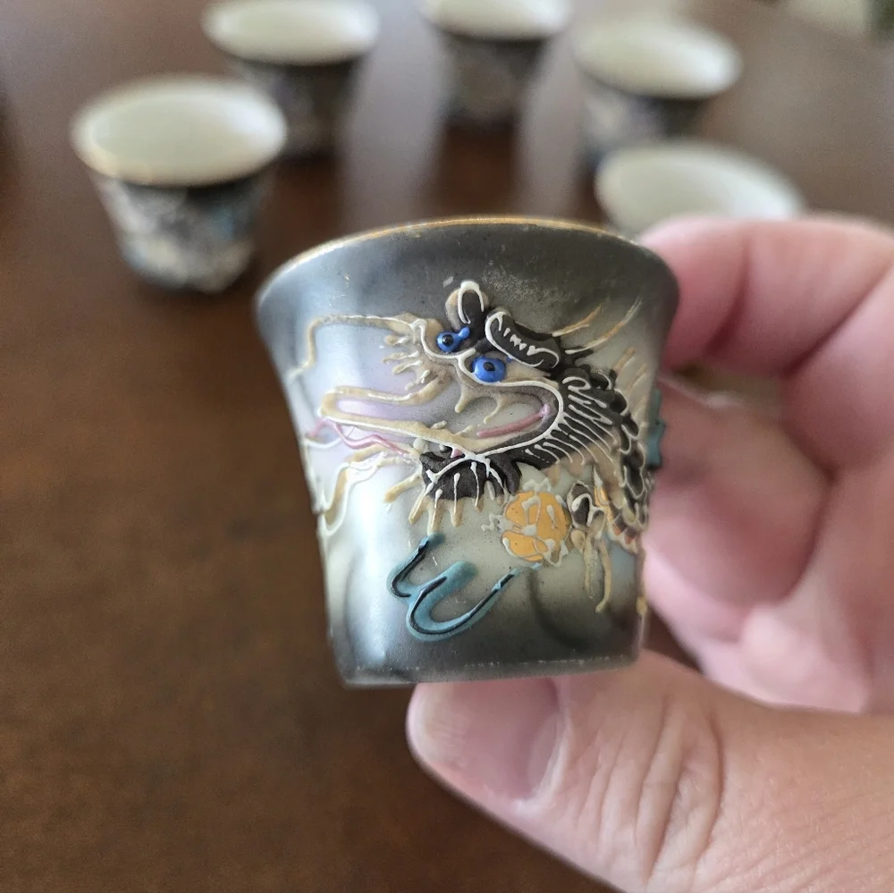 Japanese Moriage Dragonware Sake Cups With Lithopane Geisha Girl Image At Bottom
